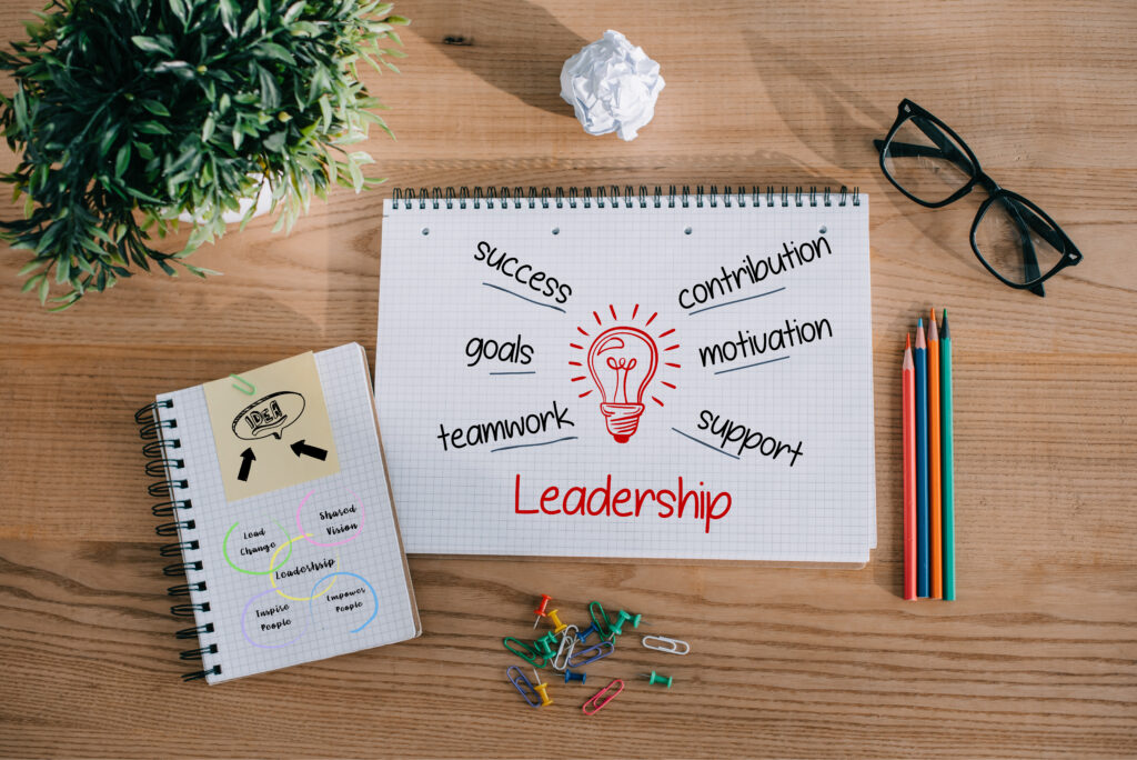Creative workspace with notes on teamwork and success, showing how to improve leadership skills effectively.